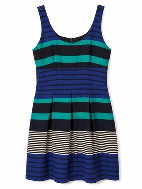 LOFT 100% Cotton Blue Green Striped Fit & Flare Dress Size 8